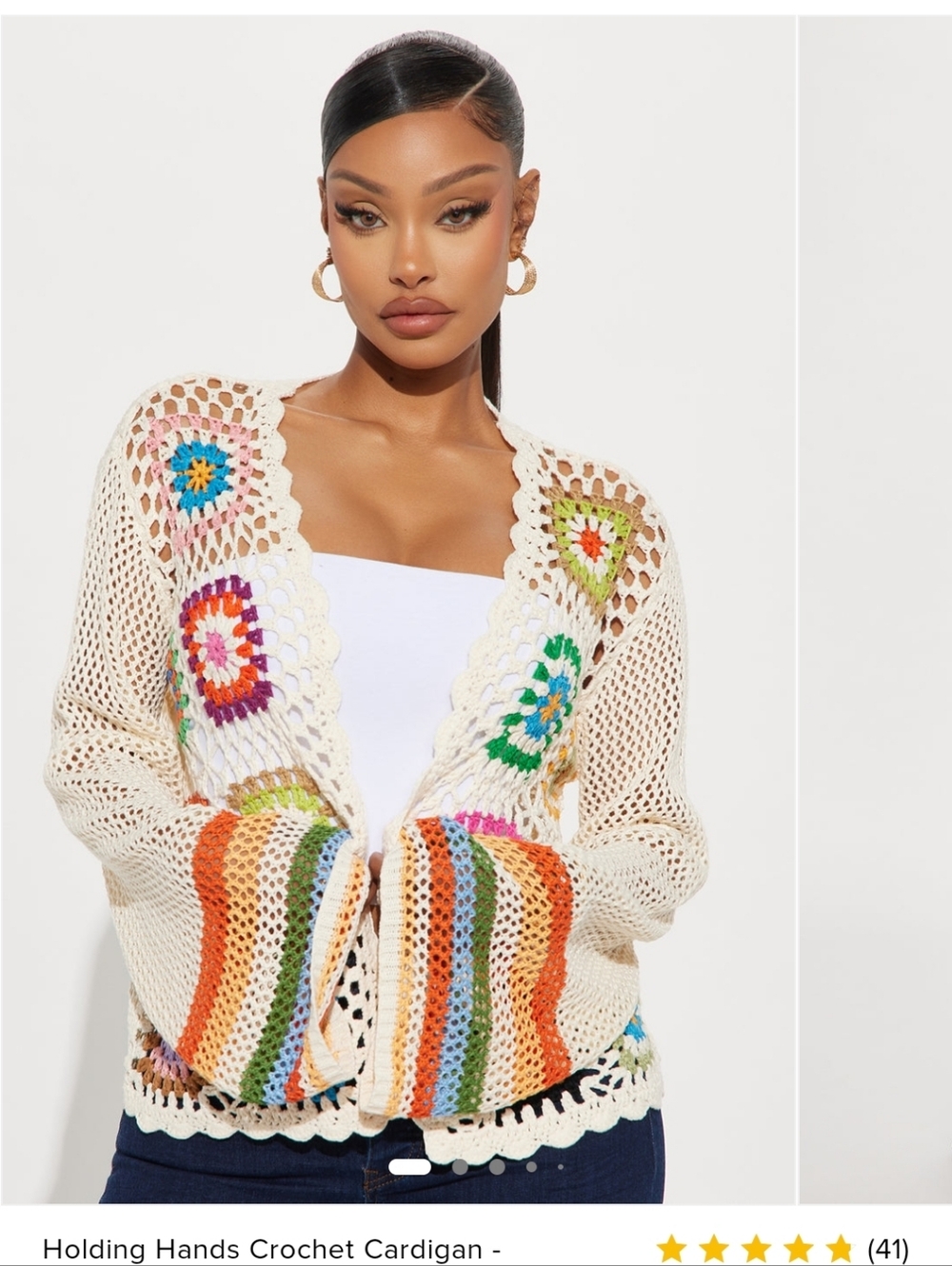 Fashion Nova Crochet Cardigan - Cream with Orange, Green, Blue, Pink Accents